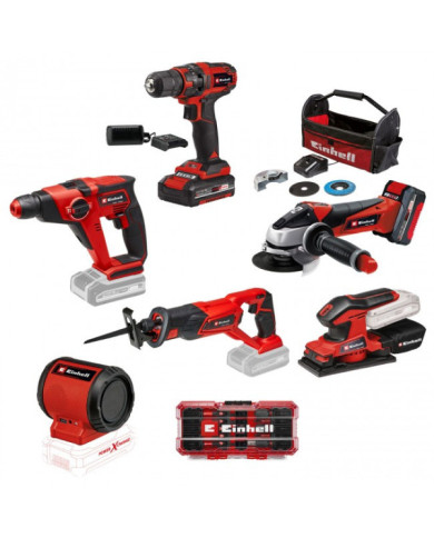 Pack 5 machines 18V + 1 offerte + batteries + sac de transport + coffret d’accessoires EINHELL