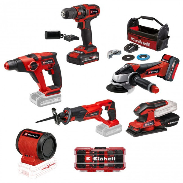 Pack 5 machines 18V + 1 offerte + batteries + sac de transport + coffret d’accessoires EINHELL