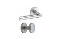 Poignées de porte palière droites sur rosaces rondes Linox inox brossé VACHETTE