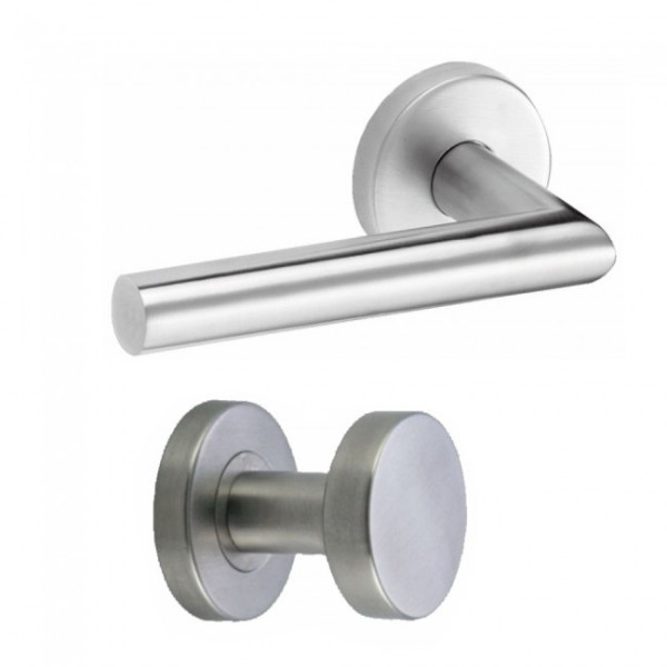 Poignées de porte palière droites sur rosaces rondes Linox inox brossé VACHETTE